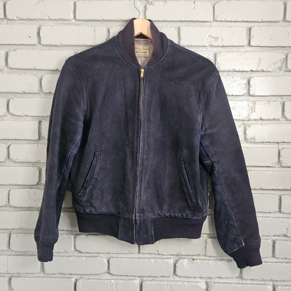 Vtg Fine Suedes‎ Navy Blue Suede Bomber Jacket All Weather Garment CA Made 50s